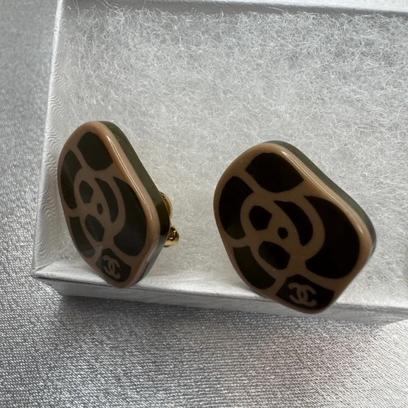 CHANEL Olive Green and Beige Camellia Earrings